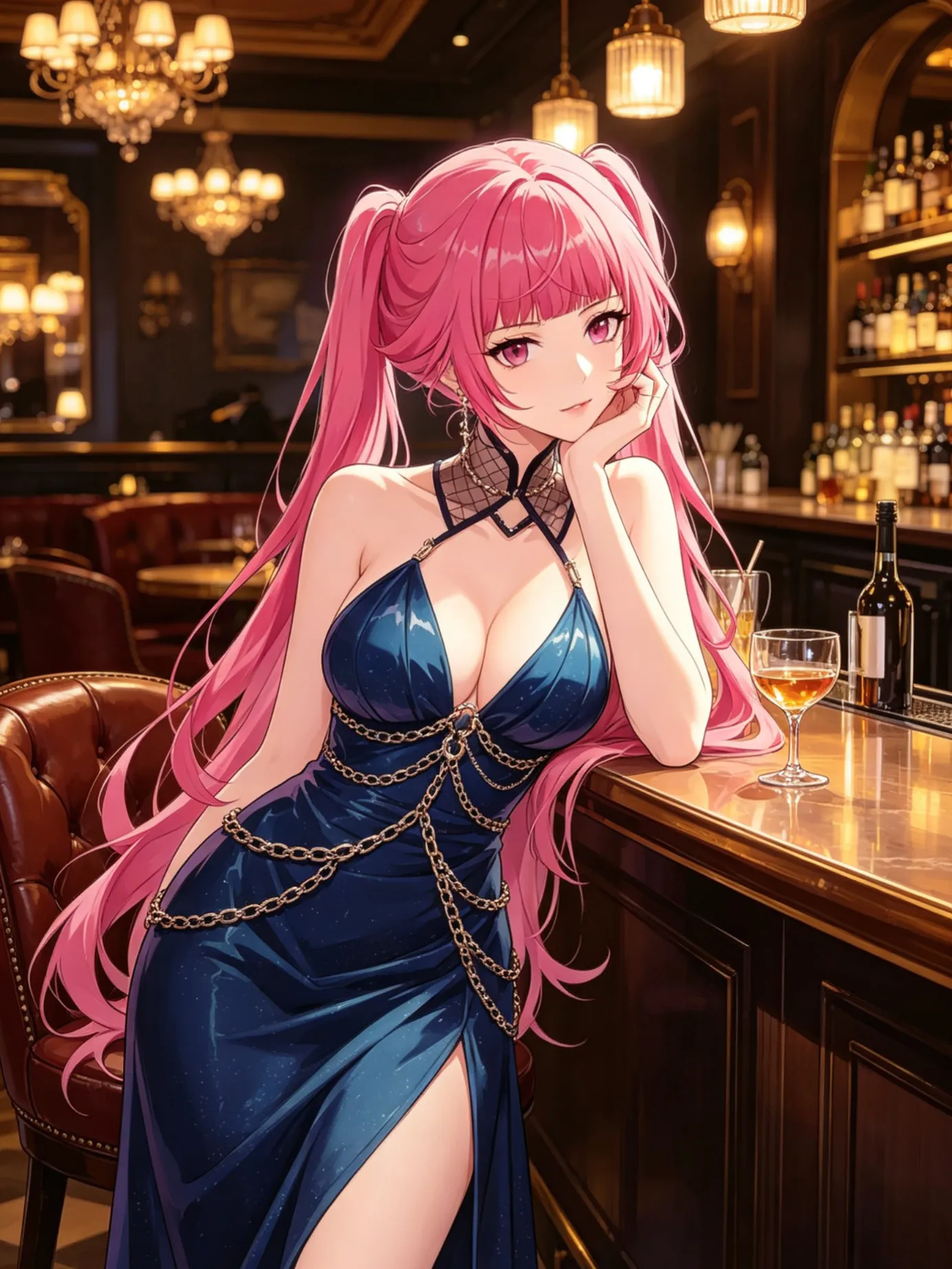 潜入搜查，双马尾少女穿着低领礼服试图勾引你